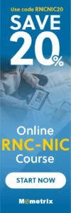 A banner ad promoting a 20% discount on an online RNC-NIC course using code RNCNIC20, featuring a person studying with a tablet and notes. The call to action reads "Start Now.