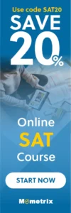 Banner advertising an online SAT course with a 20% discount using code SAT20. The image features a person studying with a tablet, books, and papers. Text includes "Online SAT Course" and "Start Now.
