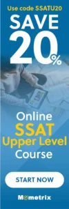 Banner promoting a 20% discount on an online SSAT Upper Level course with code SSATU20. Features "Save 20%" in large text, "Start Now" button at the bottom, and logo "Mometrix.