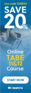 Banner ad with text "Use code TABE20, SAVE 20%. Online TABE 11 & 12 Course. START NOW. Mometrix." A person is seen studying with a tablet and documents.