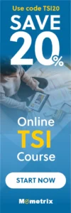 Vertical banner ad promoting a 20% discount on an online TSI course with the code TSI20. A person is studying with a tablet and documents. The banner includes a "START NOW" button and the Mometrix logo.