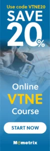 A vertical banner ad shows a person studying with a tablet and notes. The text reads: "Use code VTNE20, SAVE 20%. Online VTNE Course. START NOW. Mometrix.