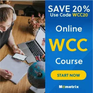 An individual wearing headphones studies at a desk with a laptop, notebook, and globe, promoting a 20% discount on an online WCC course from Mometrix.