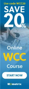Promotional banner for an online wound care certification (WCC) course by Mometrix, offering a 20% discount with the code WCC20. It features a "Start Now" button at the bottom.