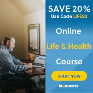 A man sits at a desk using a laptop. The advertisement reads, "Save 20% Use Code LIFE20. Online Life & Health Course. Start Now. Mometrix.