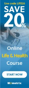 Banner ad for a 20% discount on an online Life & Health course using code LIFE20, with the call to action "Start Now" and the Mometrix logo at the bottom.