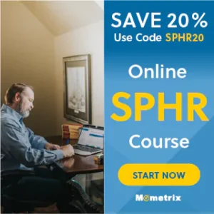 Man sitting at a desk using a laptop, next to a promotional banner for a 20% discount on an online SPHR course, with the code "SPHR20" and a "Start Now" button, offered by Mometrix.