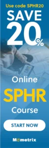 Advertisement for Mometrix Online SPHR Course, offering a 20% discount with code SPHR20 and a "Start Now" button at the bottom.