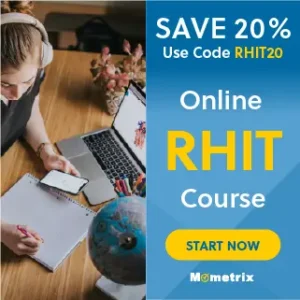 An advertisement for an online RHIT course from Mometrix offering a 20% discount with the code RHIT20. A person is studying with a laptop, phone, and notebook. Text reads "Save 20% Start Now.