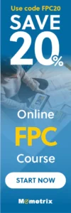 Banner reading "Save 20% Online FPC Course" with a discount code. An individual is sitting and looking at course materials. Text on the bottom: "START NOW" and "Mometrix.