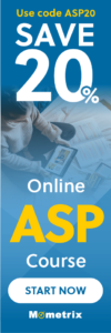 Banner promoting a 20% discount on an online ASP course using code ASP20. The banner features a person using a tablet, the text "SAVE 20%", and a call-to-action button labeled "START NOW.