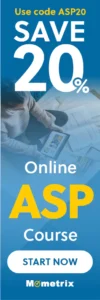 Advertisement banner for an online ASP course by Mometrix, offering a 20% discount using code ASP20. The banner features the text "Save 20%" and a "Start Now" button.