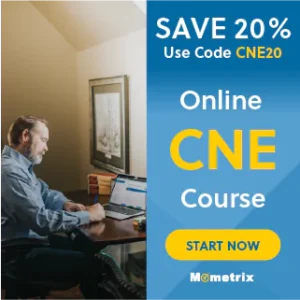 A man sits at a desk using a laptop. A banner beside him reads "SAVE 20%, Use Code CNE20, Online CNE Course, START NOW" with the Mometrix logo at the bottom.