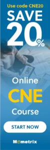 Vertical banner ad promoting a CNE online course with a 20% discount using the code CNE20. The ad encourages starting now and is branded with Mometrix at the bottom.