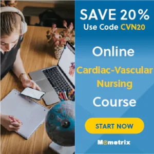 A person taking notes with a smartphone and laptop beside them. Text on image: "Save 20% Use Code CVN20 Online Cardiac-Vascular Nursing Course. Start Now. Mometrix.