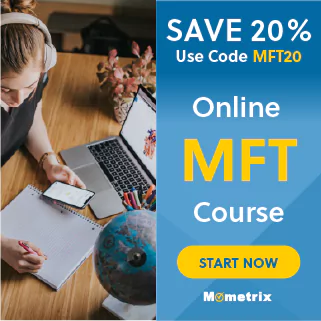 A person studies at a desk with a laptop and a notebook. The image promotes a 20% discount on an online MFT course from Mometrix with the code MFT20. A 