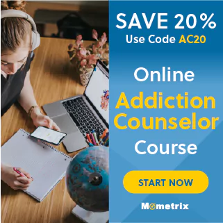 A person wearing headphones studies at a desk with a laptop and phone. The image advertises a 20% discount on an online addiction counselor course with code AC20.