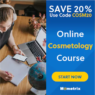 A person wearing headphones studies with a smartphone and laptop on a desk. An ad for a 20% off online cosmetology course is displayed on the right.