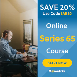 Man working on a laptop at a desk next to an advertisement for a Series 65 online course offering a 20% discount with code IAR20.