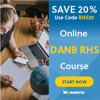 Person studying at a desk with a laptop, notebook, and phone. Text advertises a 20% discount for an online DANB RHS course with code RHS20.