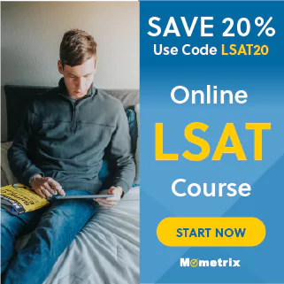 Man sitting on a bed reading, next to an ad for a 20% discount on an online LSAT course with code 