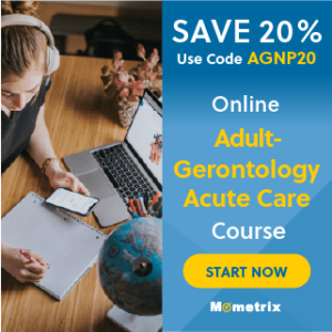 Person studying at a desk with a laptop, notebook, and phone. Ad on the right offers 20% off an online Adult-Gerontology Acute Care Course with code AGNP20. Start button and Mometrix logo included.