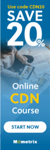 Ad for Mometrix online CDN course with 20% discount using code CDN20. Featuring a person using a tablet. "Start Now" button included.