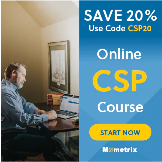 Man sitting at a desk using a laptop. Text on the image promotes a 20% discount on an online CSP course with code CSP20 and a 