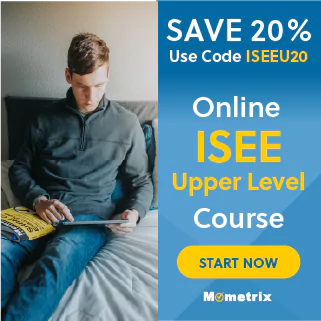 Man sitting on a bed with a tablet next to an ad offering a 20% discount on an online ISEE Upper Level Course.