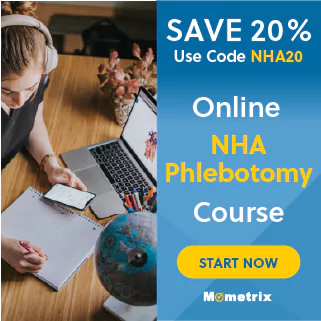 Person studying with laptop and notebook at desk. Advertisement for a 20% discount on an online NHA phlebotomy course. Promo code: NHA20. Button reads 