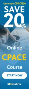 Banner ad for Mometrix online CPACE course offering 20% off with code CPACE20; features a person studying with papers and a laptop.