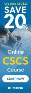 A person studies with papers and a tablet; text promotes 20% off an online CSCS course with code CSCS20 and a "Start Now" button for Mometrix.