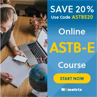 A person studies at a desk with a notebook, laptop, and phone. Text on the right advertises a 20% discount on an online ASTB-E course with code ASTBE20.
