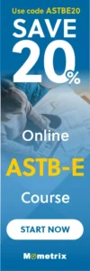 Banner ad for Mometrix offering 20% off an online ASTB-E course with code ASTBE20; image shows a person studying and a "Start Now" button.