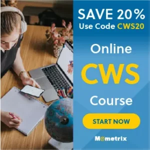 Woman studying at a desk with a laptop, notebook, and phone; ad text promotes 20% off an online CWS course with code CWS20 from Mometrix.