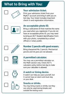A checklist poster titled "What to Bring with You" lists essentials for a test day: admission ticket, photo ID, pencils, calculator, watch or timing device, and snacks or drinks.
