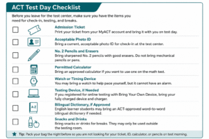 ACT Test Day Checklist with boxes to check for admission ticket, photo ID, pencils, calculator, watch, drinks or snacks, and allowance for bilingual dictionary if approved.