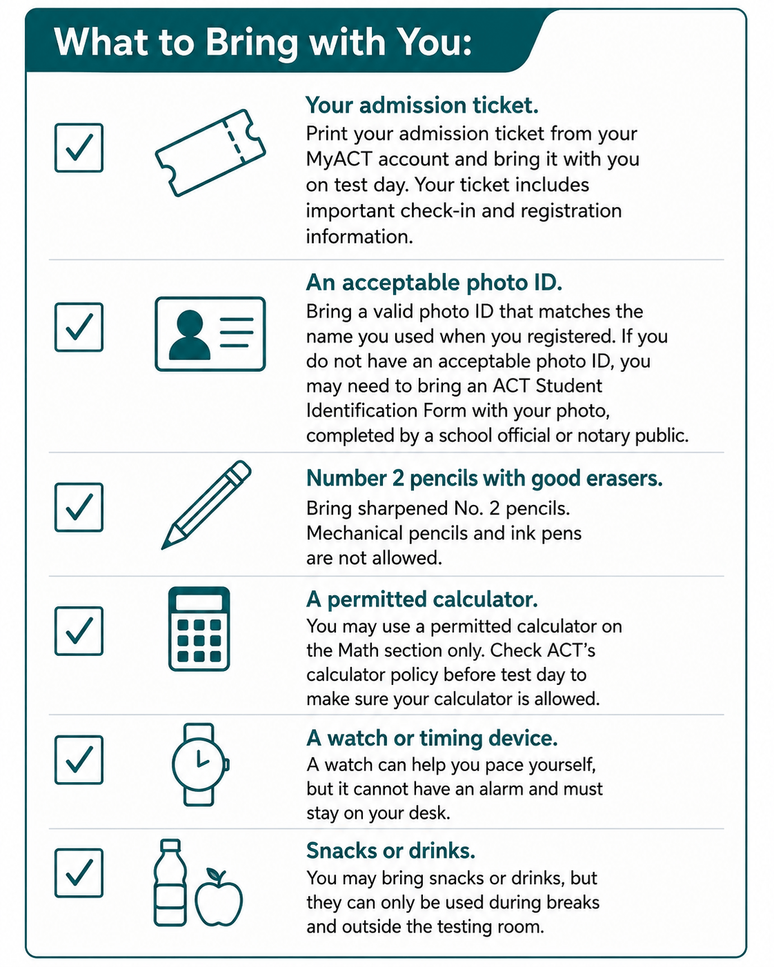 Checklist of items to bring for an exam: admission ticket, photo ID, pencils with erasers, approved calculator, watch (non-smart), and optional snacks or drinks.