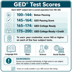 Chart explaining GED test score ranges: 100-144 is below passing, 145-164 is passing, 165-174 is college ready, 175-200 is college ready + credit; 145+ needed in all four subjects.
