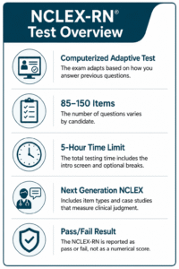 Infographic summarizing NCLEX-RN test: adaptive format, 85-150 items, 5-hour limit, includes new case studies, and results reported as pass or fail.