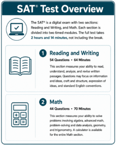 SAT Test Overview infographic outlining two sections: Reading and Writing (54 questions, 64 minutes) and Math (44 questions, 70 minutes), with total test time of 2 hours and 14 minutes.