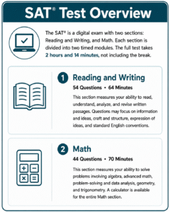 SAT Test Overview infographic showing two sections: Reading and Writing (54 questions, 64 minutes) and Math (44 questions, 70 minutes), with total exam time of 2 hours and 14 minutes.