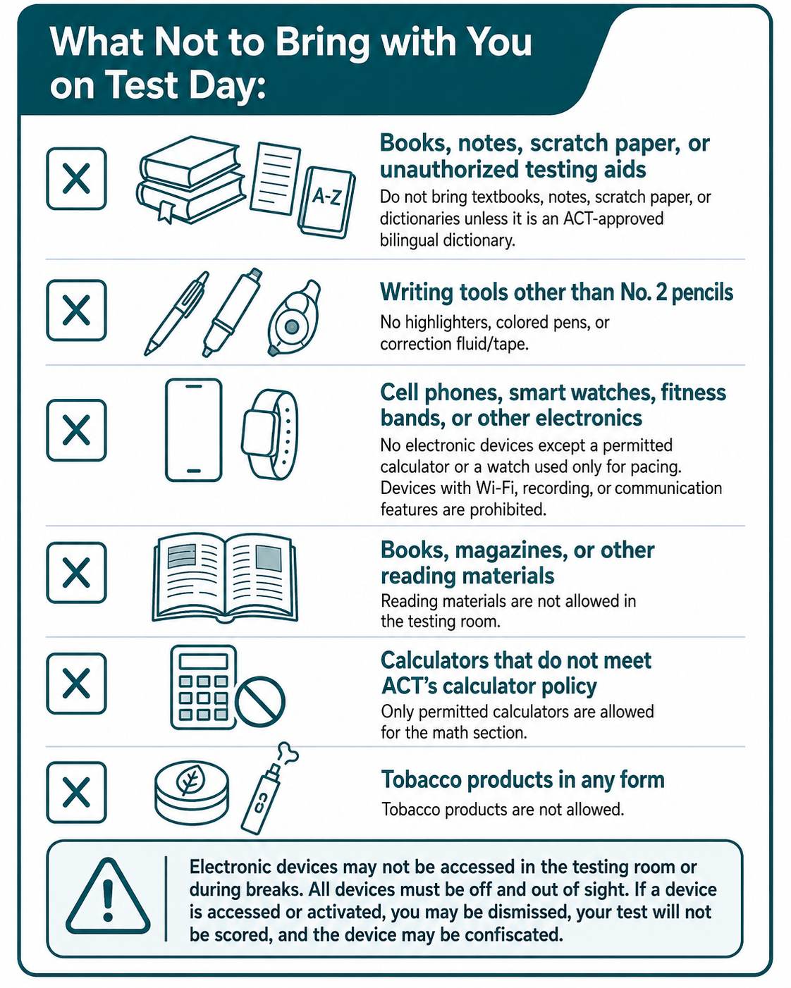Infographic listing prohibited items on test day, including books, notes, non-approved pencils, electronics, reading materials, unapproved calculators, and tobacco products.