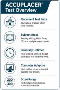 ACCUPLACER Test Overview infographic with five sections explaining placement test suite, subject areas, timing, computer adaptive format, and a score range of 200–300.