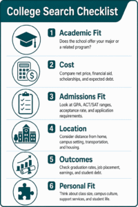 College search checklist with six items: academic fit, cost, admissions fit, location, outcomes, and personal fit, each with related questions or criteria.