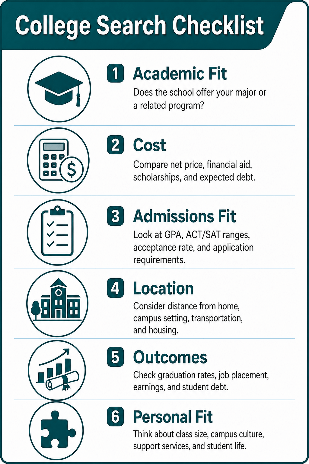 College search checklist with six items: academic fit, cost, admissions fit, location, outcomes, and personal fit, each with related questions or criteria.
