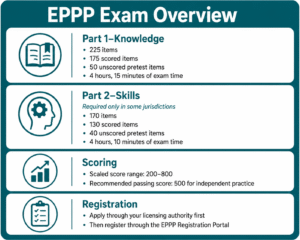 EPPP Exam Overview infographic detailing sections on Knowledge, Skills, Scoring, and Registration, with item counts, timing, and passing score information.