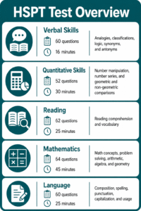 HSPT Test Overview chart showing section names, number of questions, time limits, and topics for Verbal, Quantitative, Reading, Mathematics, and Language skills.