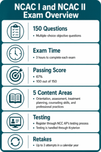 Infographic outlining NCAC I and II exam: 150 multiple-choice questions, 3-hour duration, 67% passing score, 5 content areas, testing via NCC AP, and up to 3 retakes per year.