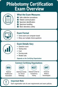 Infographic summarizes phlebotomy certification exam overview, covering exam measures, format, variable details, certifying organizations, and notice about differing requirements.